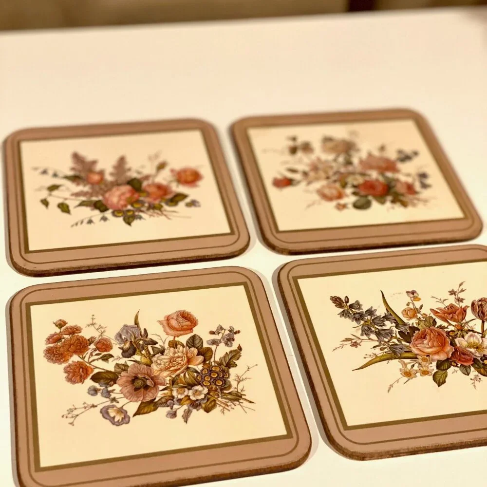 Set of 4 Vintage Floral Coasters with Cork Backing, Made in England - Picture 7 of 8
